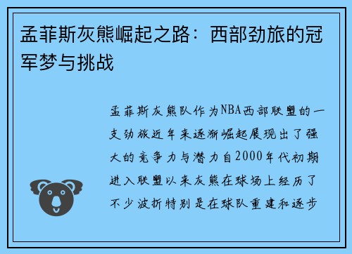 孟菲斯灰熊崛起之路：西部劲旅的冠军梦与挑战